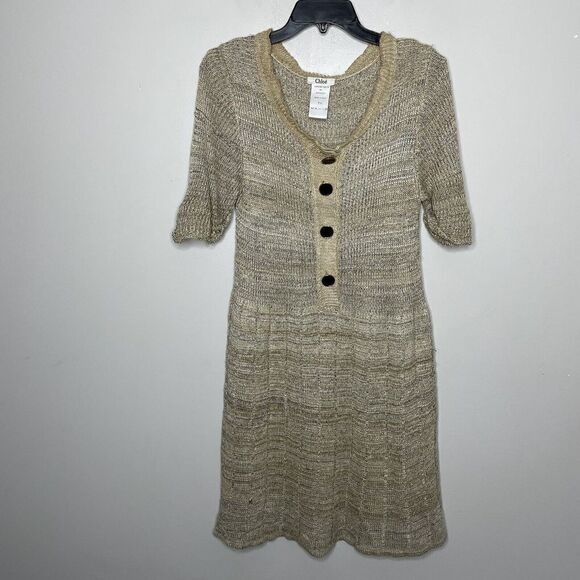 CHLOE Sweater Dress Womens TL Beige Pullover Button-Front Linen Silk Knit - Picture 1 of 6